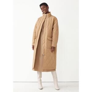 & Other Stories Women Tan Longline Oversized Puffer Quilted Coat Jacket Size XS